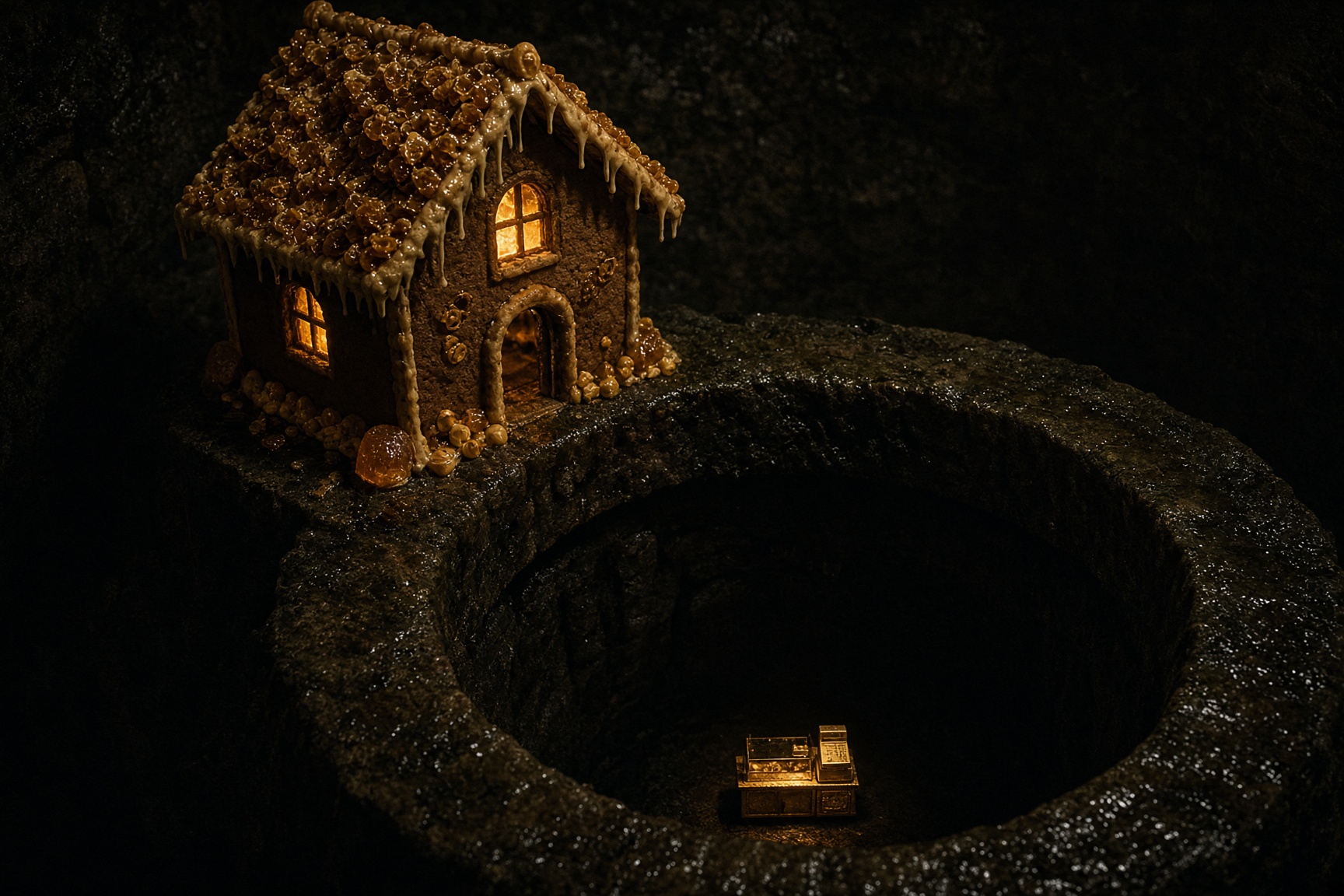 A candy house at the rim of a dark well, gold shop counter glowing at the bottom