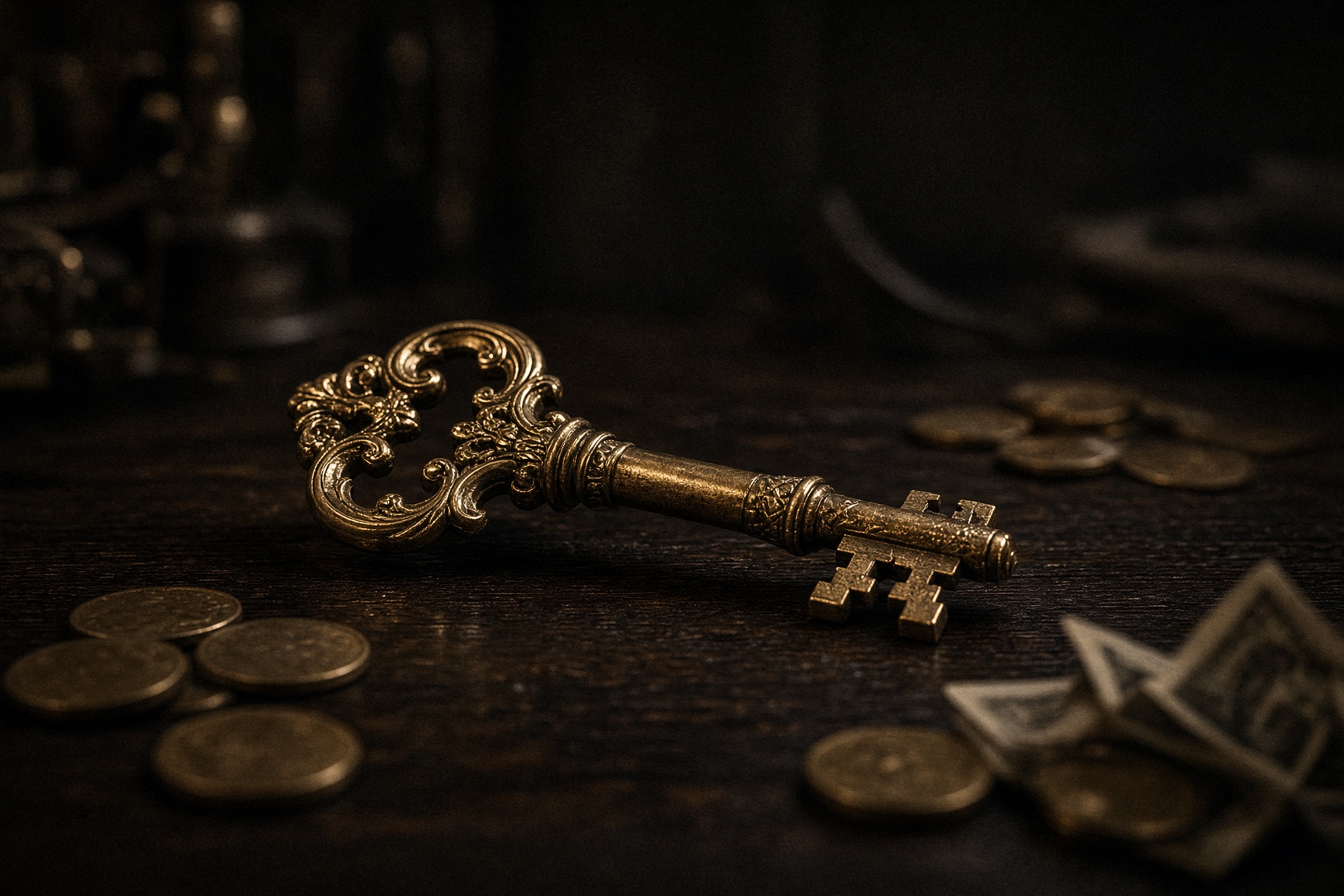 A gold key on dark wood, coins resting nearby as if they arrived on their own