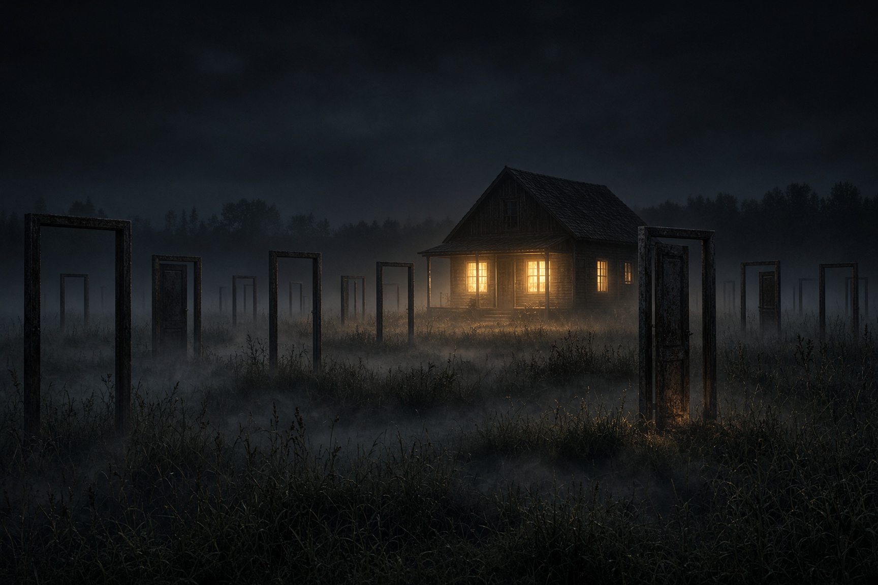 A dark house glowing gold from within, unconnected metal doors standing in a field